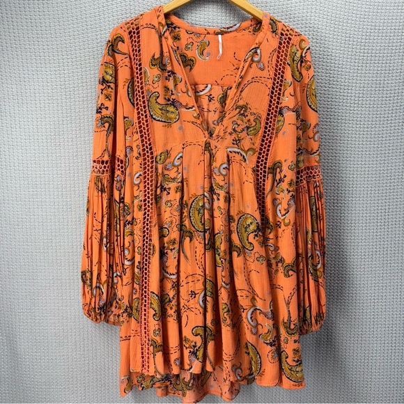 Free People Orange Just The Two Of Us Paisley Printed Tunic Dress Boho Fairy Med - Picture 1 of 9